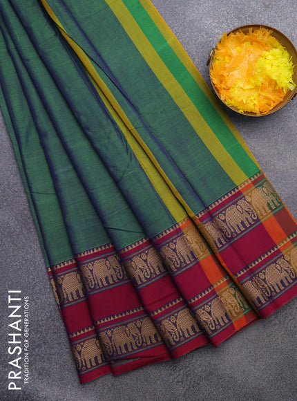 Narayanpet cotton saree dual shade of green and magenta pink with plain body and rettapet thread woven border