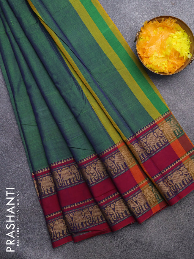 Narayanpet cotton saree dual shade of green and magenta pink with plain body and rettapet thread woven border