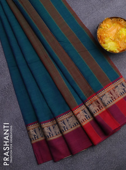 Narayanpet cotton saree dual shade of bluish green and magenta pink with plain body and thread woven simple border