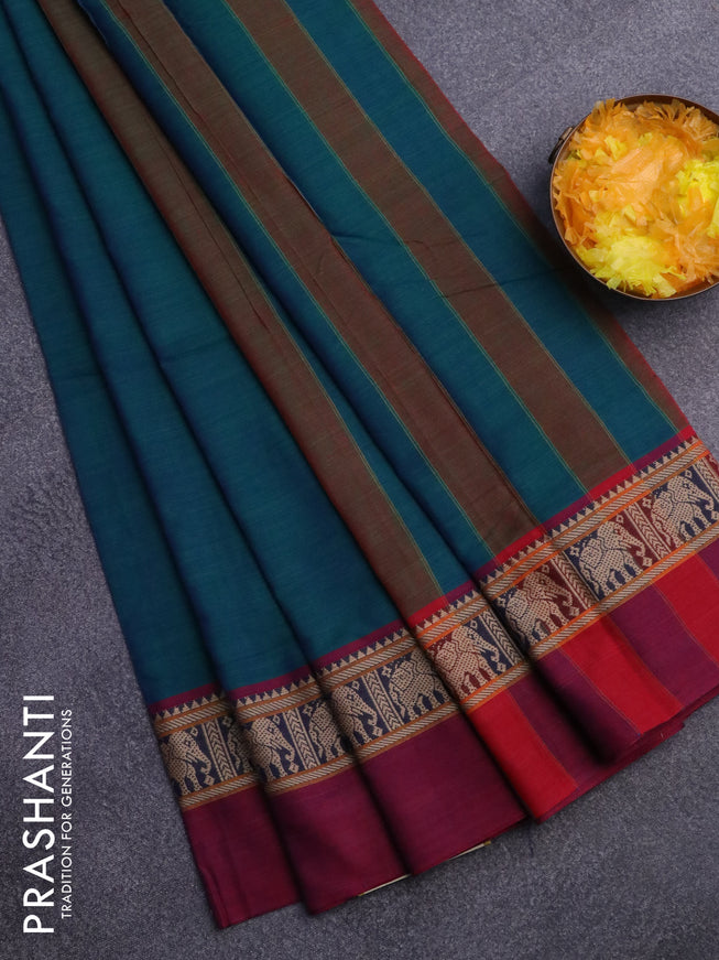 Narayanpet cotton saree dual shade of bluish green and magenta pink with plain body and thread woven simple border