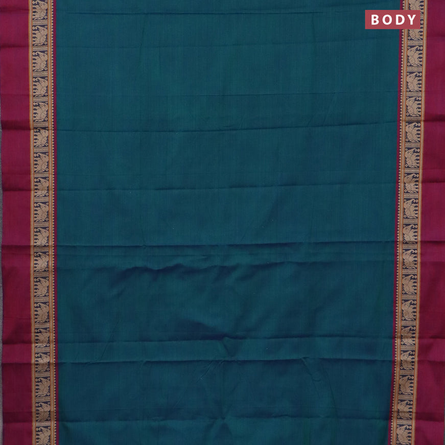 Narayanpet cotton saree dual shade of bluish green and magenta pink with plain body and thread woven simple border