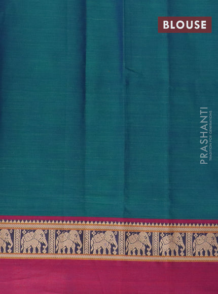 Narayanpet cotton saree dual shade of bluish green and magenta pink with plain body and thread woven simple border