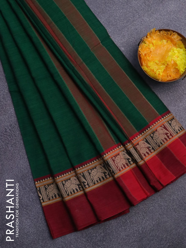 Narayanpet cotton saree green and maroon with plain body and thread woven simple border