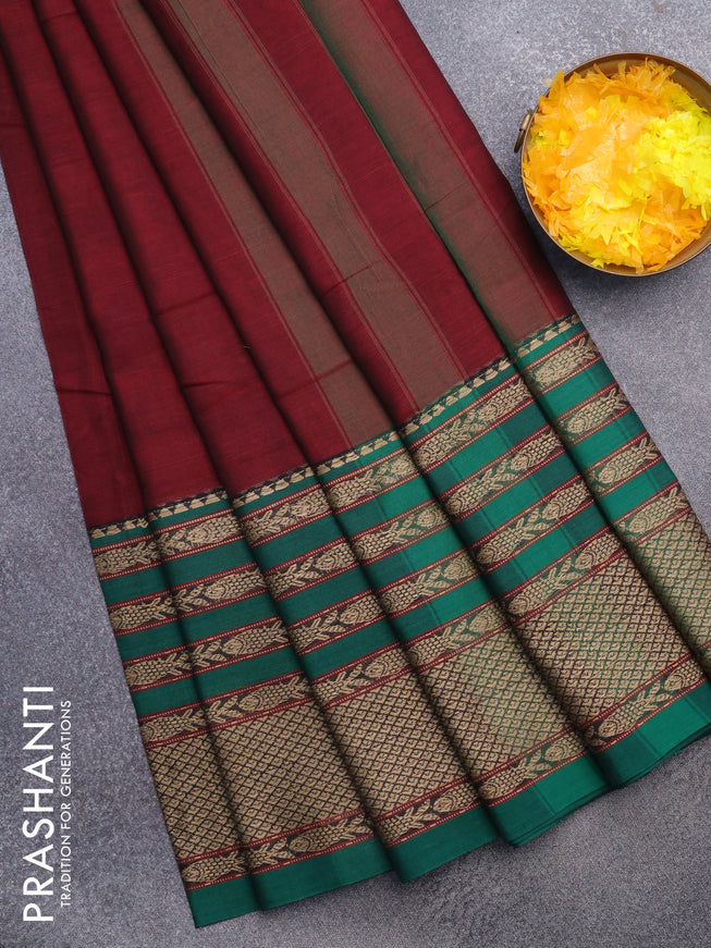 Narayanpet cotton saree maroon and green with plain body and long thread woven border