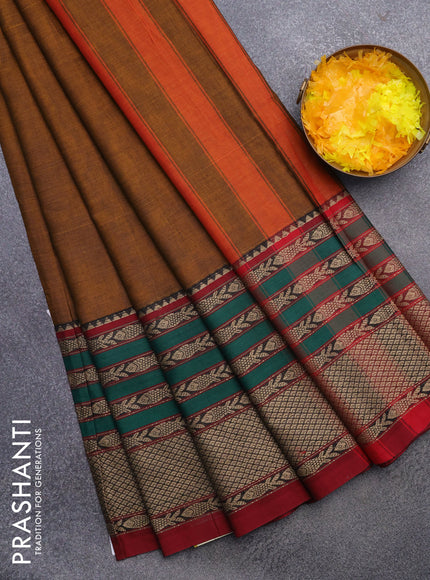 Narayanpet cotton saree mustard shade and maroon with plain body and long thread woven border