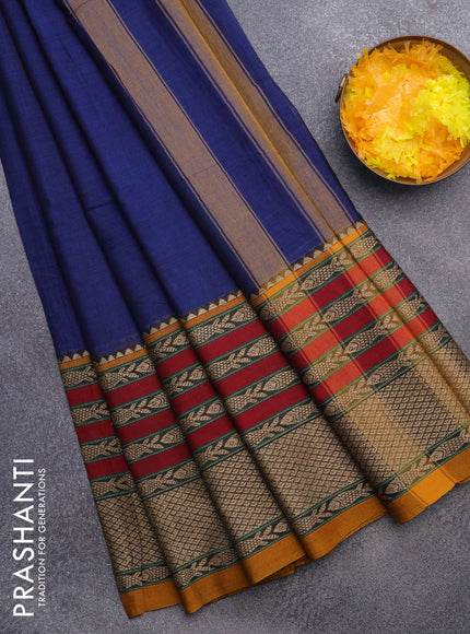 Narayanpet cotton saree blue and mustard shade with plain body and long thread woven border