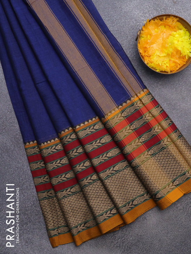 Narayanpet cotton saree blue and mustard shade with plain body and long thread woven border