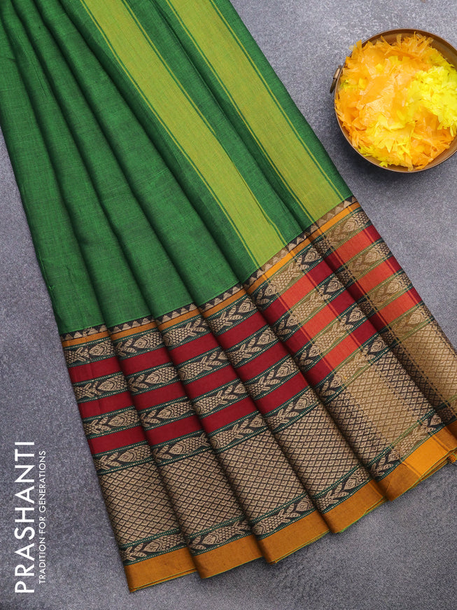 Narayanpet cotton saree green and mustard shade with plain body and long thread woven border