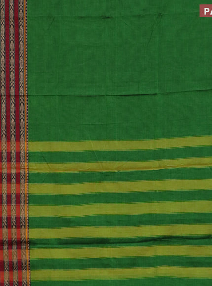 Narayanpet cotton saree green and mustard shade with plain body and long thread woven border