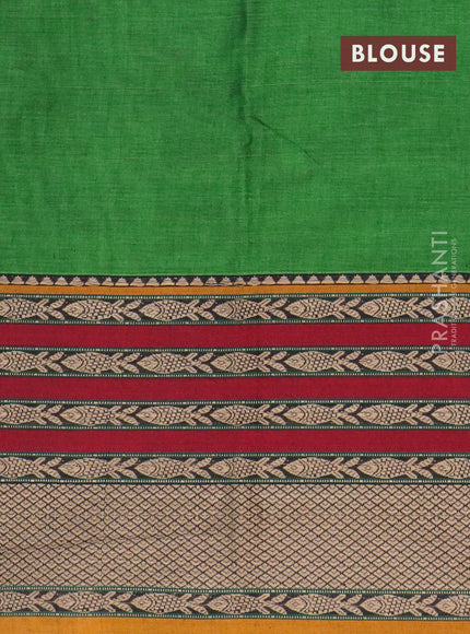 Narayanpet cotton saree green and mustard shade with plain body and long thread woven border