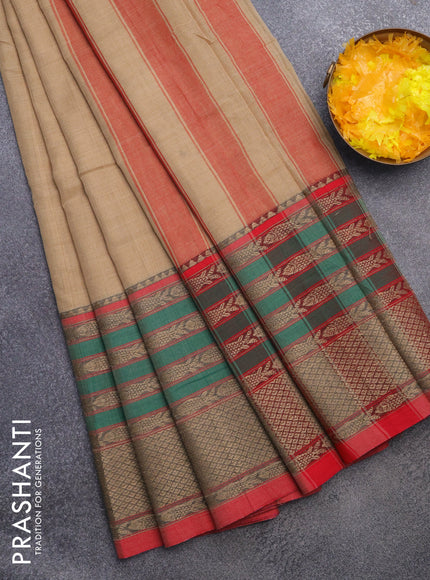 Narayanpet cotton saree sandal and red with plain body and long thread woven border