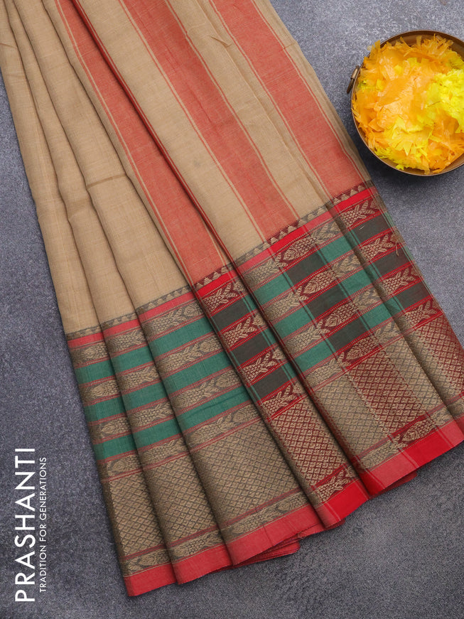 Narayanpet cotton saree sandal and red with plain body and long thread woven border