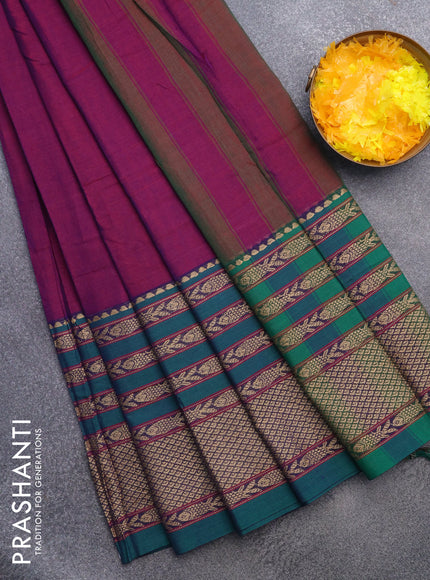 Narayanpet cotton saree purple and green with plain body and long thread woven border