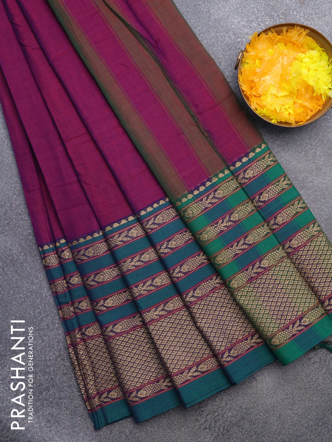 Narayanpet cotton saree purple and green with plain body and long thread woven border