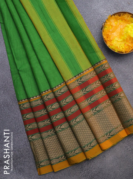 Narayanpet cotton saree green and mustard yellow with plain body and long thread woven border