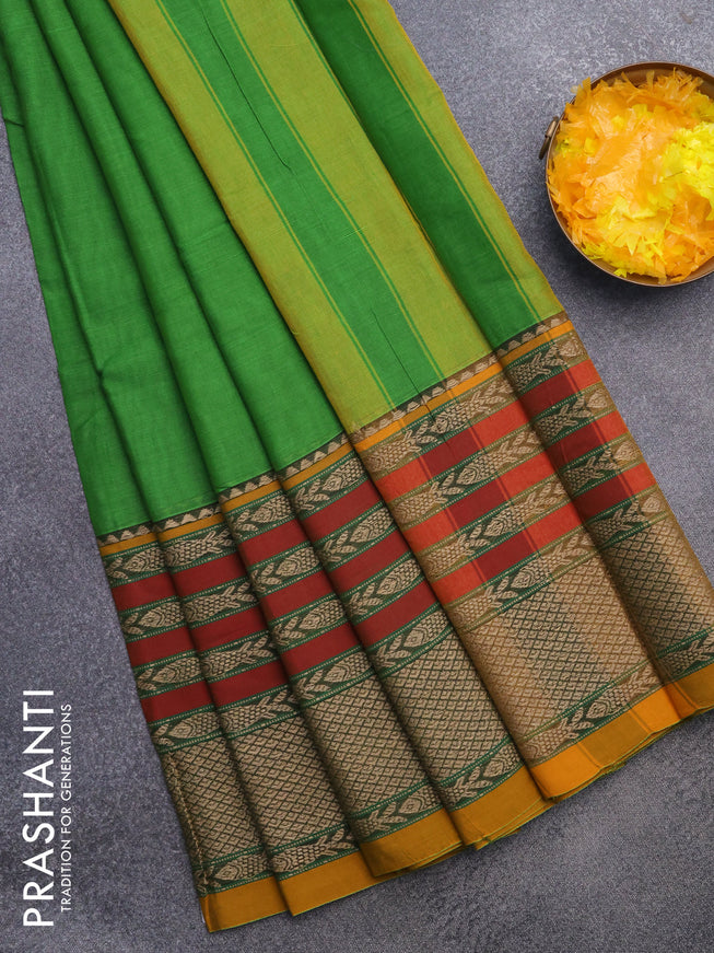 Narayanpet cotton saree green and mustard yellow with plain body and long thread woven border