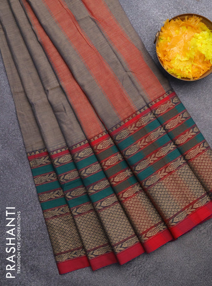 Narayanpet cotton saree grey and red with plain body and long thread woven border