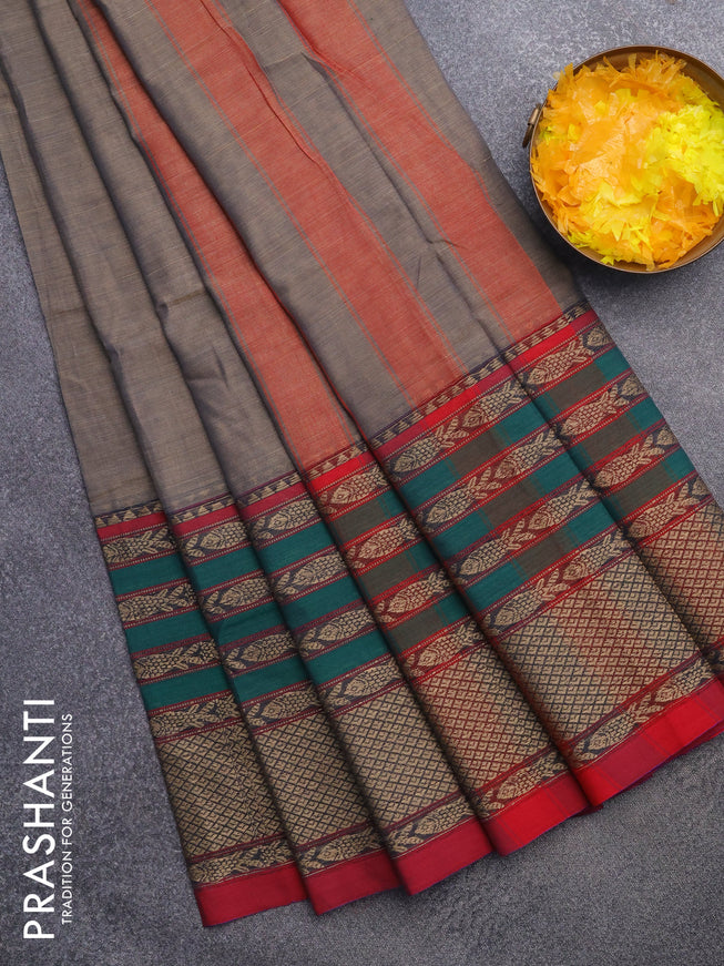 Narayanpet cotton saree grey and red with plain body and long thread woven border