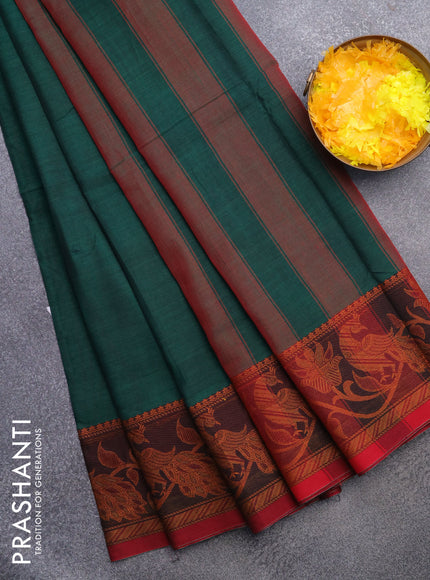 Narayanpet cotton saree green and maroon with plain body and thread woven border