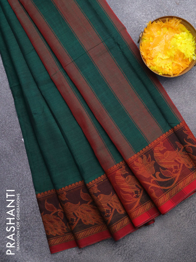 Narayanpet cotton saree green and maroon with plain body and thread woven border