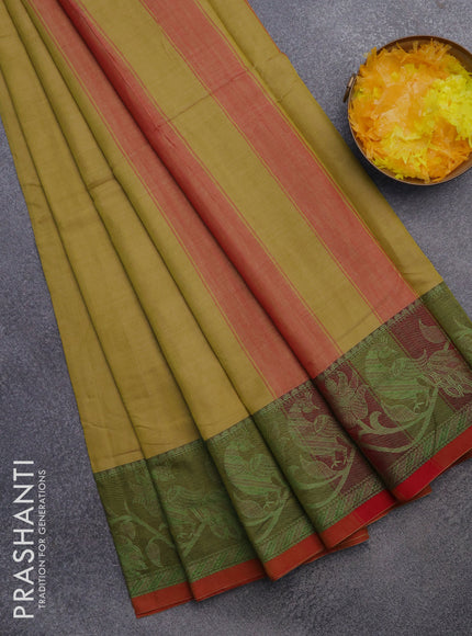 Narayanpet cotton saree lime yellow and red shade with plain body and thread woven border