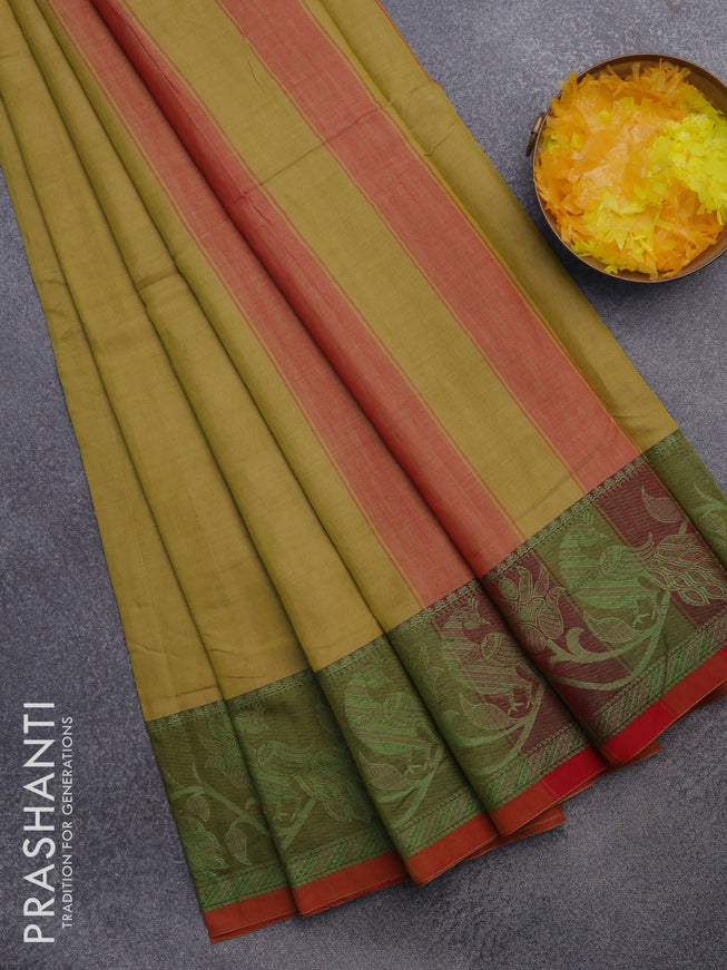 Narayanpet cotton saree lime yellow and red shade with plain body and thread woven border