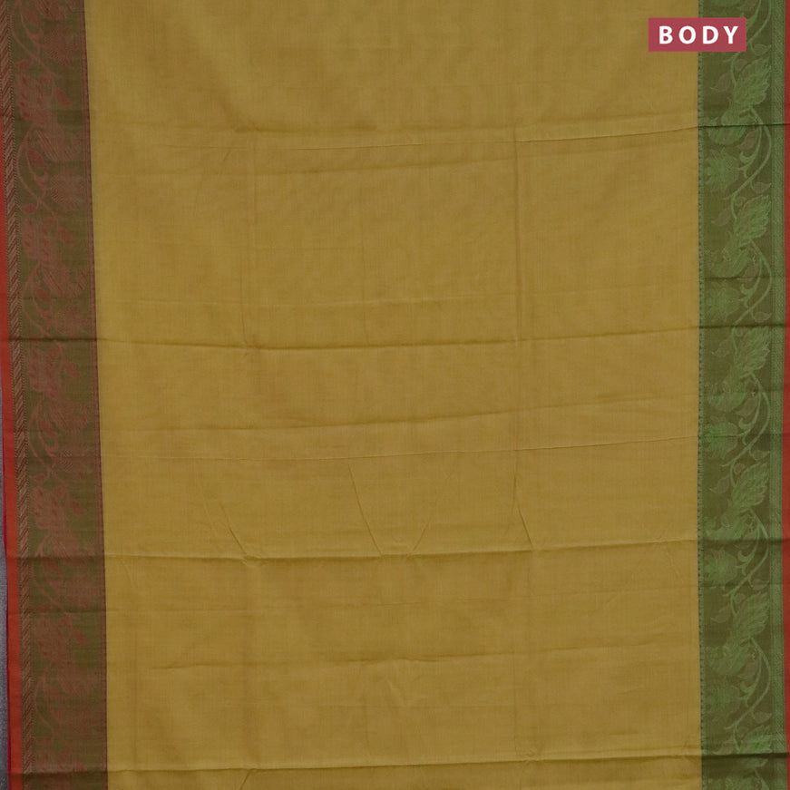 Narayanpet cotton saree lime yellow and red shade with plain body and thread woven border