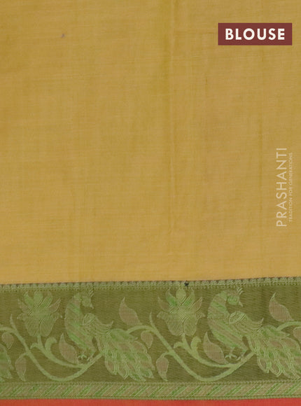 Narayanpet cotton saree lime yellow and red shade with plain body and thread woven border