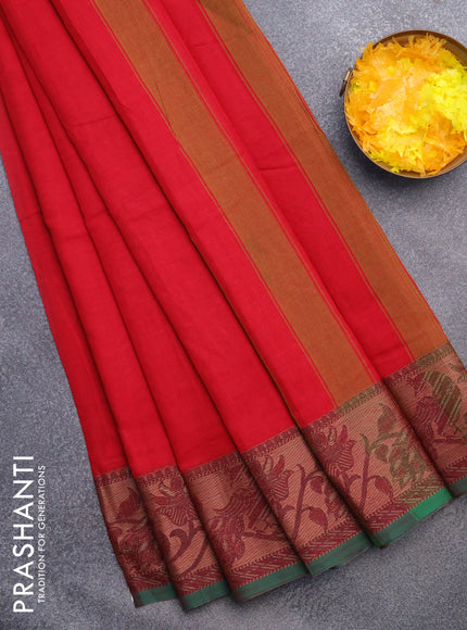 Narayanpet cotton saree red and green with plain body and thread woven border