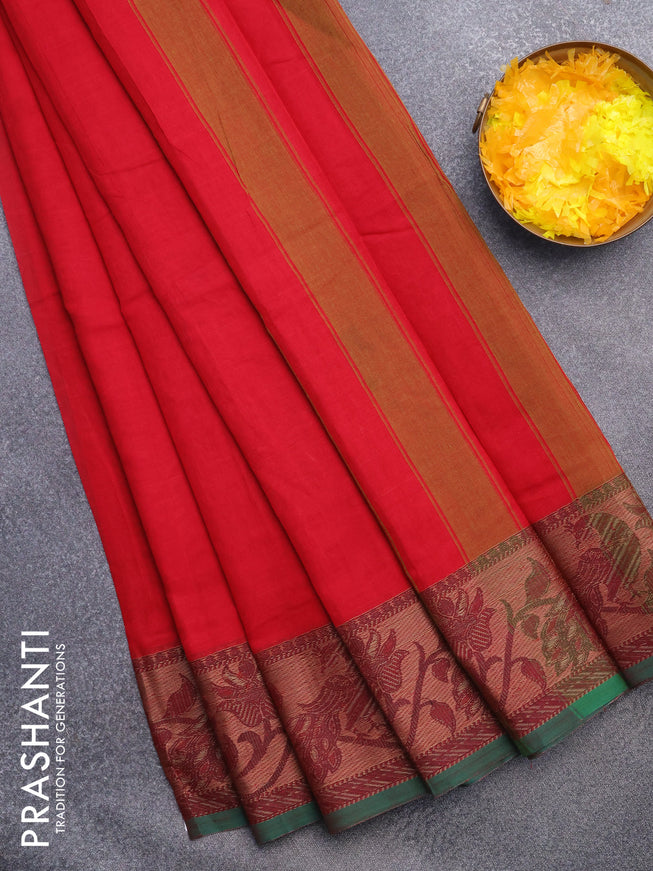 Narayanpet cotton saree red and green with plain body and thread woven border