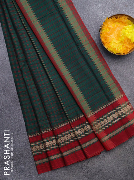 Narayanpet cotton saree green and maroon with allover checked patter and thread woven border