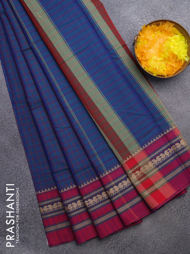 Narayanpet cotton saree dual shade of bluish green and magenta pink with allover checked patter and thread woven border