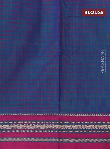 Narayanpet cotton saree dual shade of bluish green and magenta pink with allover checked patter and thread woven border