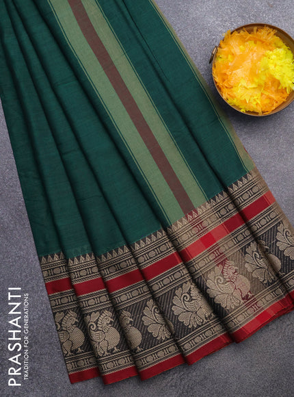 Narayanpet cotton saree green and maroon with plain body and long thread woven border