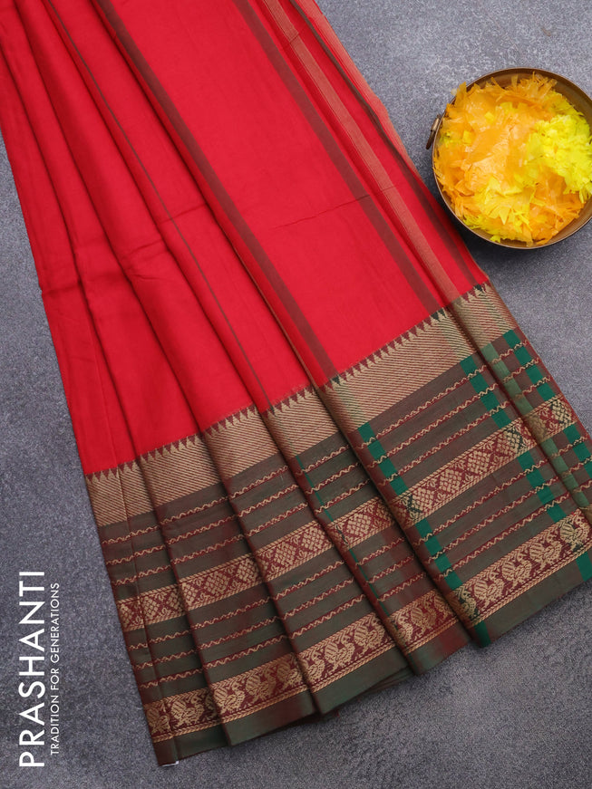 Narayanpet cotton saree red and dual shade of green with plain body and long thread woven border