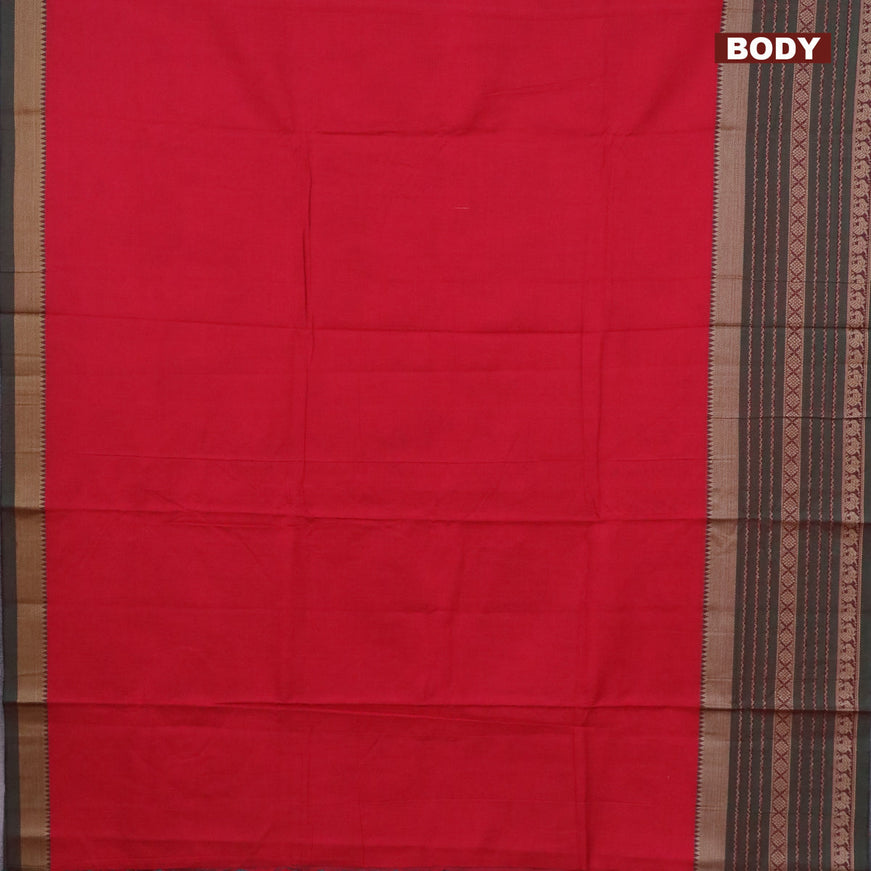 Narayanpet cotton saree red and dual shade of green with plain body and long thread woven border