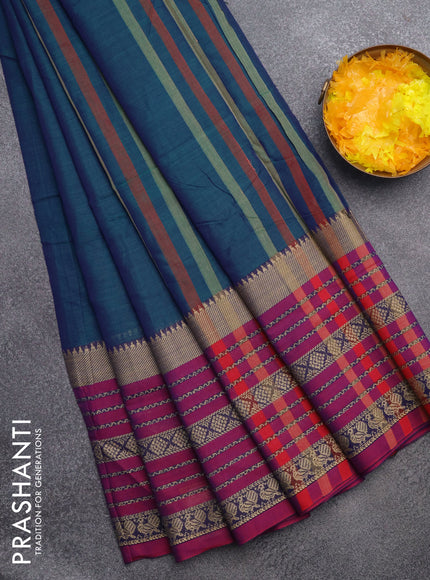 Narayanpet cotton saree dual shade of bluish green and magenta pink with plain body and long thread woven border