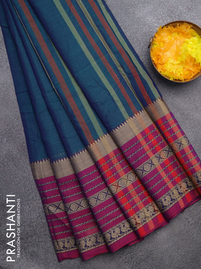 Narayanpet cotton saree dual shade of bluish green and magenta pink with plain body and long thread woven border