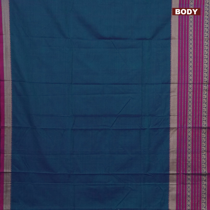 Narayanpet cotton saree dual shade of bluish green and magenta pink with plain body and long thread woven border