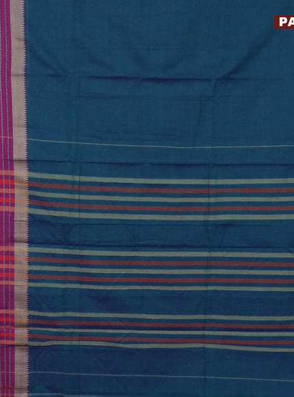 Narayanpet cotton saree dual shade of bluish green and magenta pink with plain body and long thread woven border