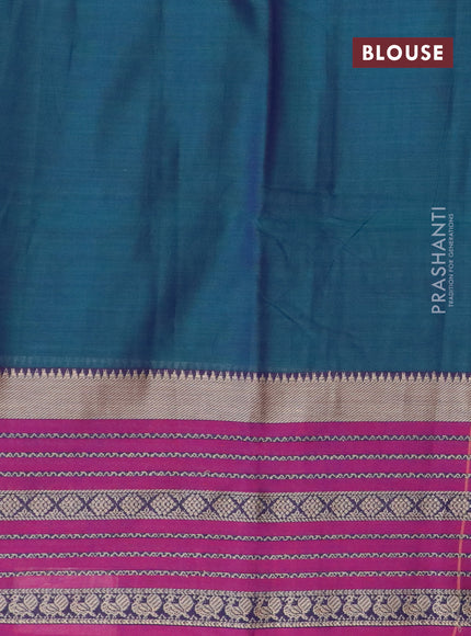 Narayanpet cotton saree dual shade of bluish green and magenta pink with plain body and long thread woven border