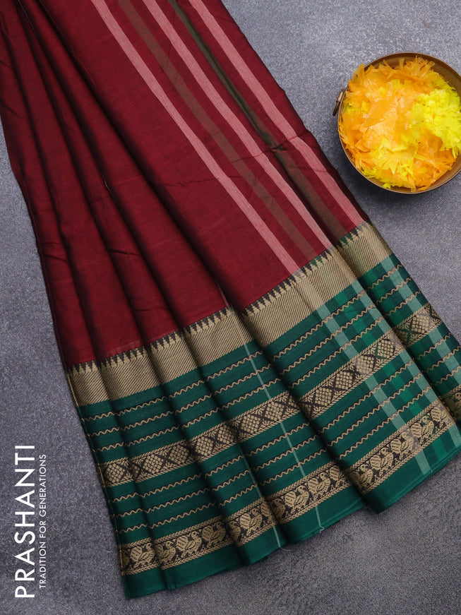 Narayanpet cotton saree maroon and green with plain body and long thread woven border