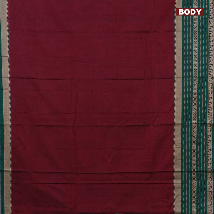 Narayanpet cotton saree maroon and green with plain body and long thread woven border