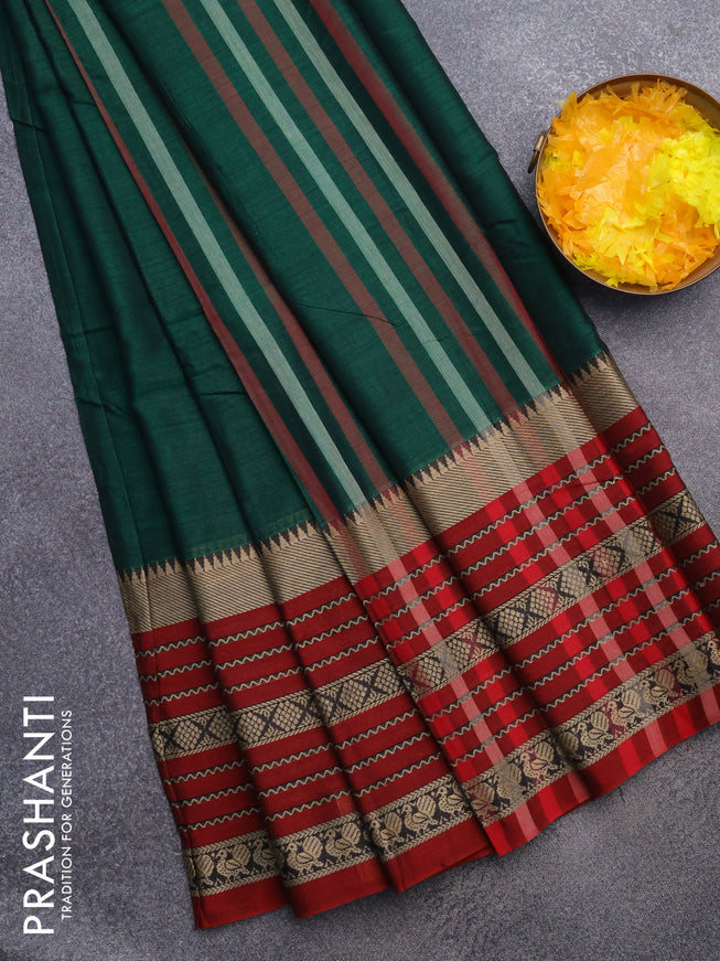 Narayanpet cotton saree green and maroon with plain body and long thread woven border