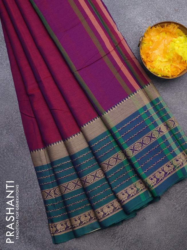 Narayanpet cotton saree purple shade and green with plain body and long thread woven border