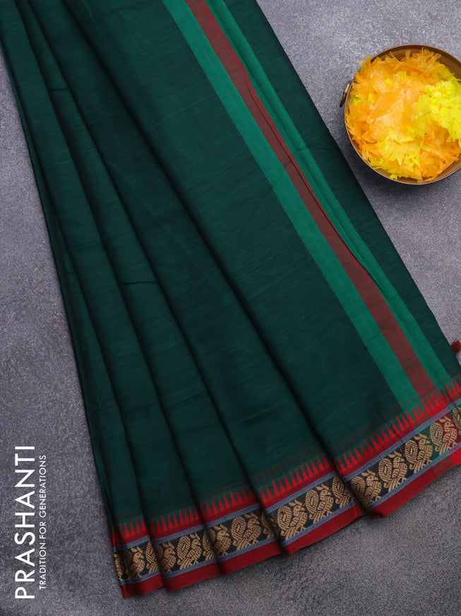 Narayanpet cotton saree green and maroon with plain body and thread woven border