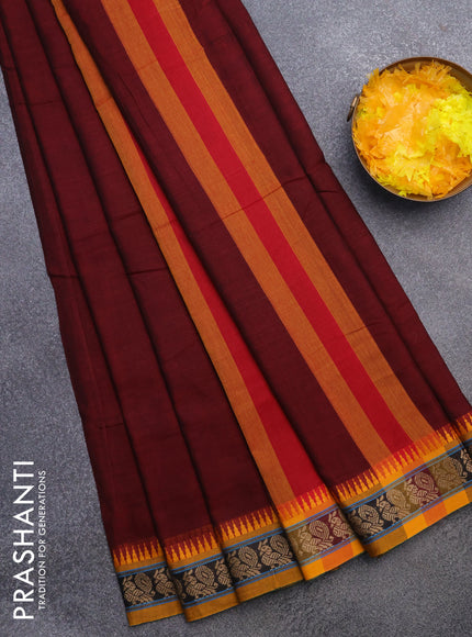 Narayanpet cotton saree maroon and mustard yellow with plain body and thread woven border