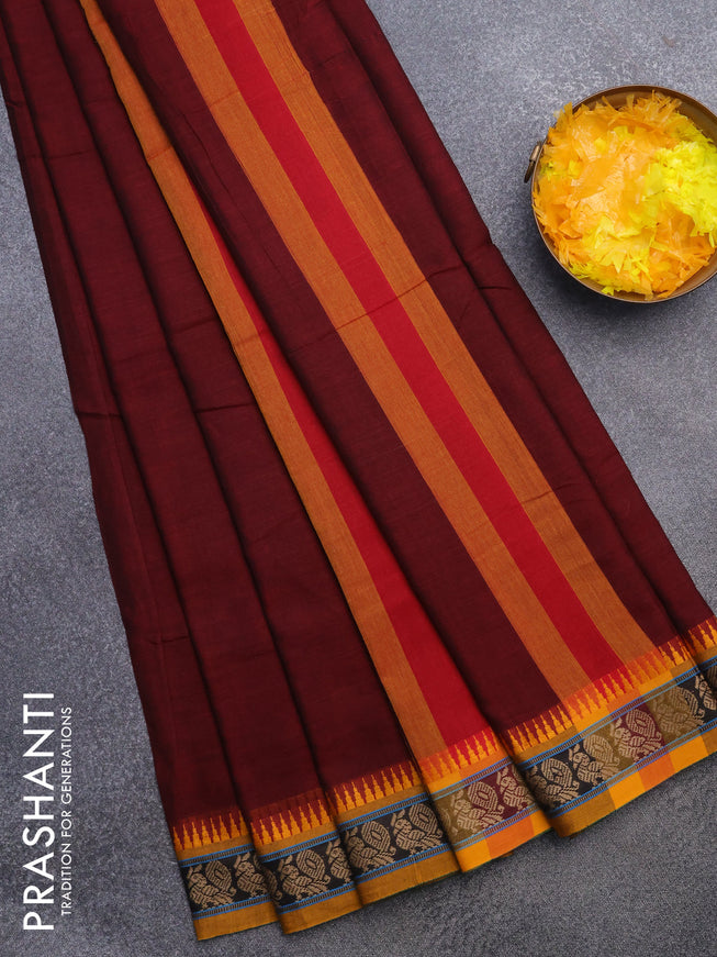 Narayanpet cotton saree maroon and mustard yellow with plain body and thread woven border