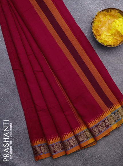 Narayanpet cotton saree red and mustard yellow with plain body and thread woven border