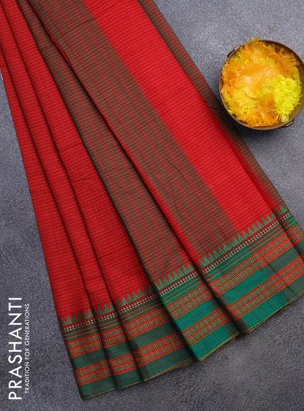 Narayanpet cotton saree red and green with allover checked pattern and thread woven border